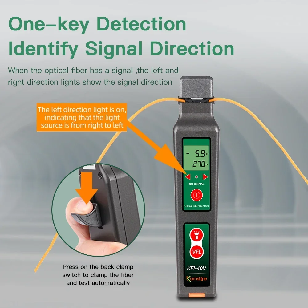 

Komshine KFI-40V FTTH Live Fiber Optical Identifier with LED Display, 10MW VFL , Identifying Direction Break Checker