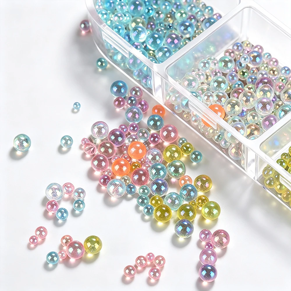 6Grid Aurora Macaron Bubble Nail Rhinestone Multicolor Transparent Mermaid Bubble Beads Nail Art Charms Translucent Pearls Gems