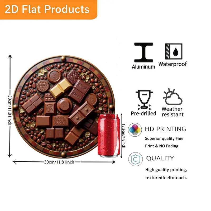 2D Flat - Vintage-Style Round Sign Featuring Chocolate on a Circular Plate. Ideal Wall Decoration for Your Home, Garage, Dining