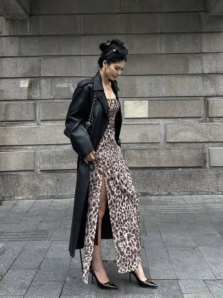 فستان أنيق مثير بطبعة الفهد بدون حمالات أنيق للنساء فساتين ماكسي برقبة مائلة 2025 ملابس علوية جديدة ملابس شارع حلوة ATR7