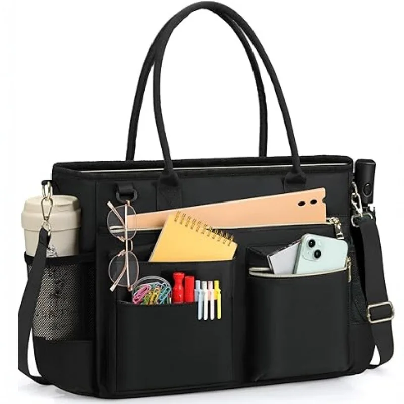 Large Capacity Work Tote for Women, 16.5" Laptop Compartment, Detachable Strap, Waterproof Nylon with Rivets, Office Teacher Bag