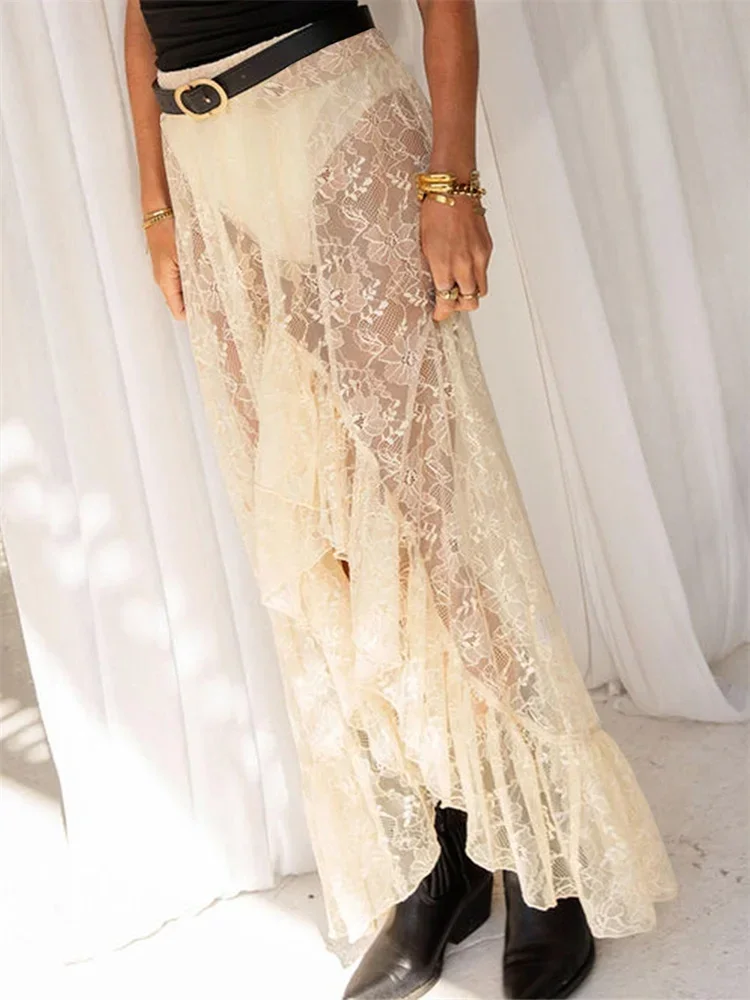 

Women Sheer Lace Midi Skirts Elastic Waist Ruffle Frill Split Skirt See Through Summer Bohemian Retro Beach Sexy Streetwear