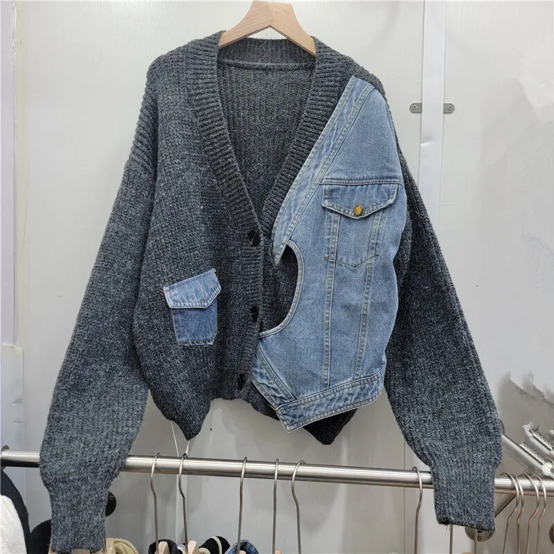 V-neck Irregular Single-breasted Denim Patchwork Knitted Jacket Grey Beige Coffee Color Casual Long Sleeve Female Knitwear Coat