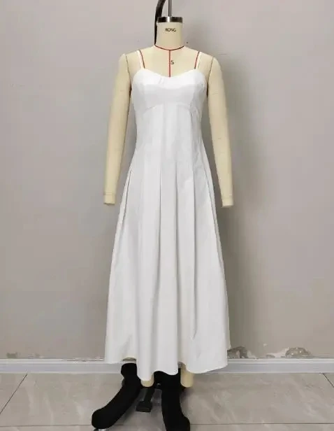 

Women Dresses Temperament New Style Summer Strapless Sleeveless Waist Cinching Solid Color Dress with Sweet Suspender Dress
