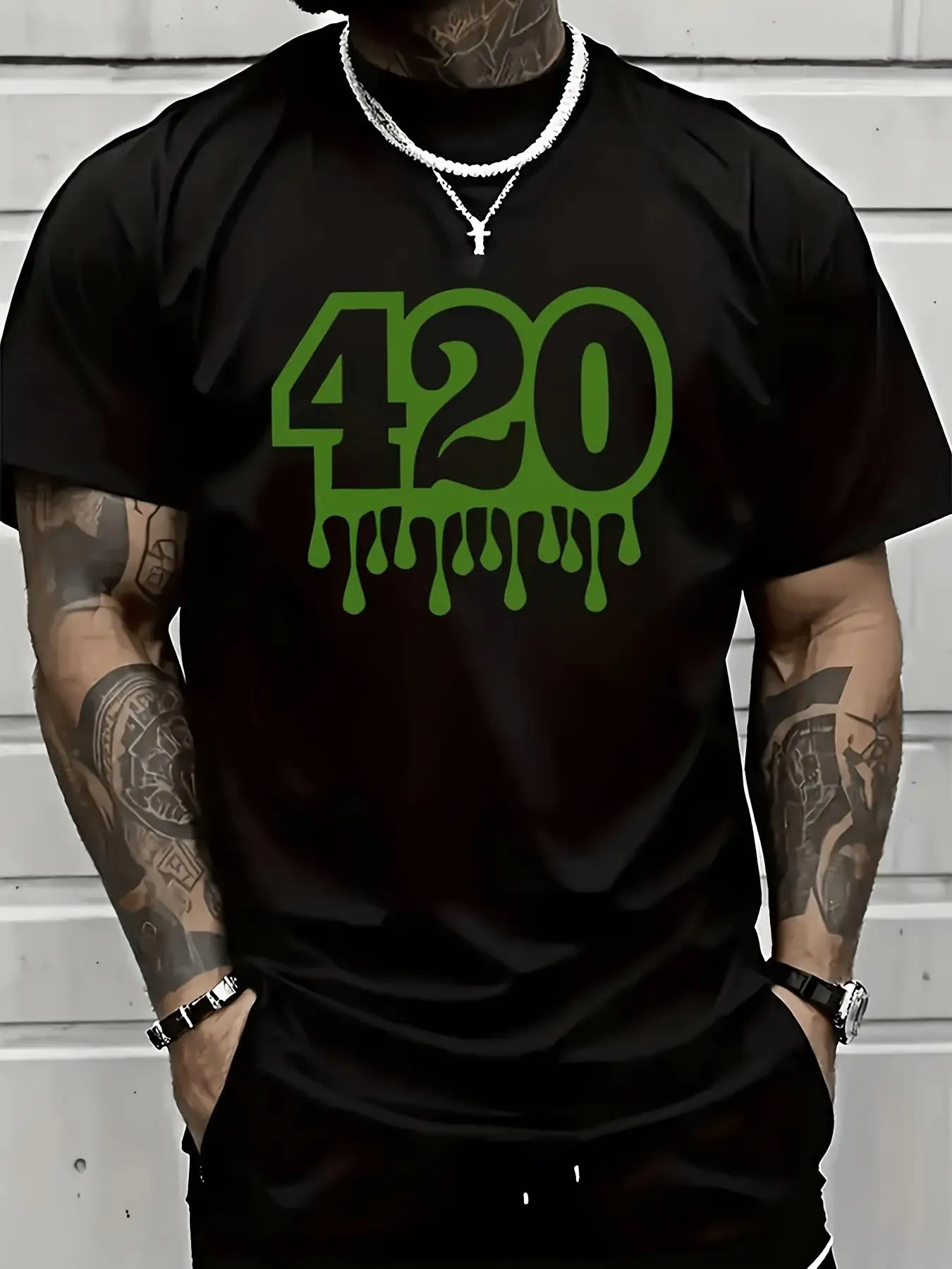 Men's Short Sleeve T-Shirt Hip Hop Casual, Urban Style Fashion with Green 420 Drip Print in White and