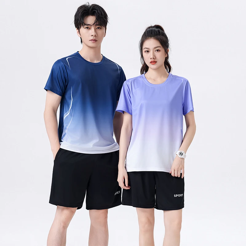 CHRLCK Unisex Gradient Fitness Clothes Ice Silk Quick Drying T-shirt Suits Short Sleeve Running Suit Gym Training Sets Sport