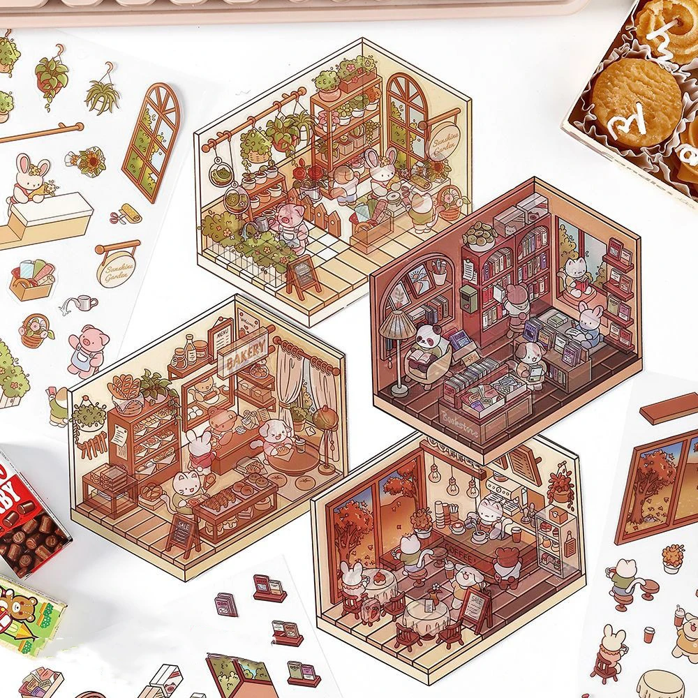 3D Three-dimensional Cabin Scene Stacking Stickers Cute Cartoon Pocket Diy Scene Landscaping Decoration Sticker Visual Stacking