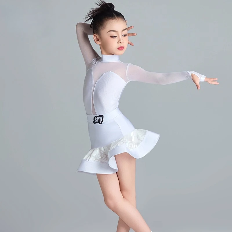 New summer high-end white professional fishbone skirt for girls Latin dance costumes and practice girls' performance costumes