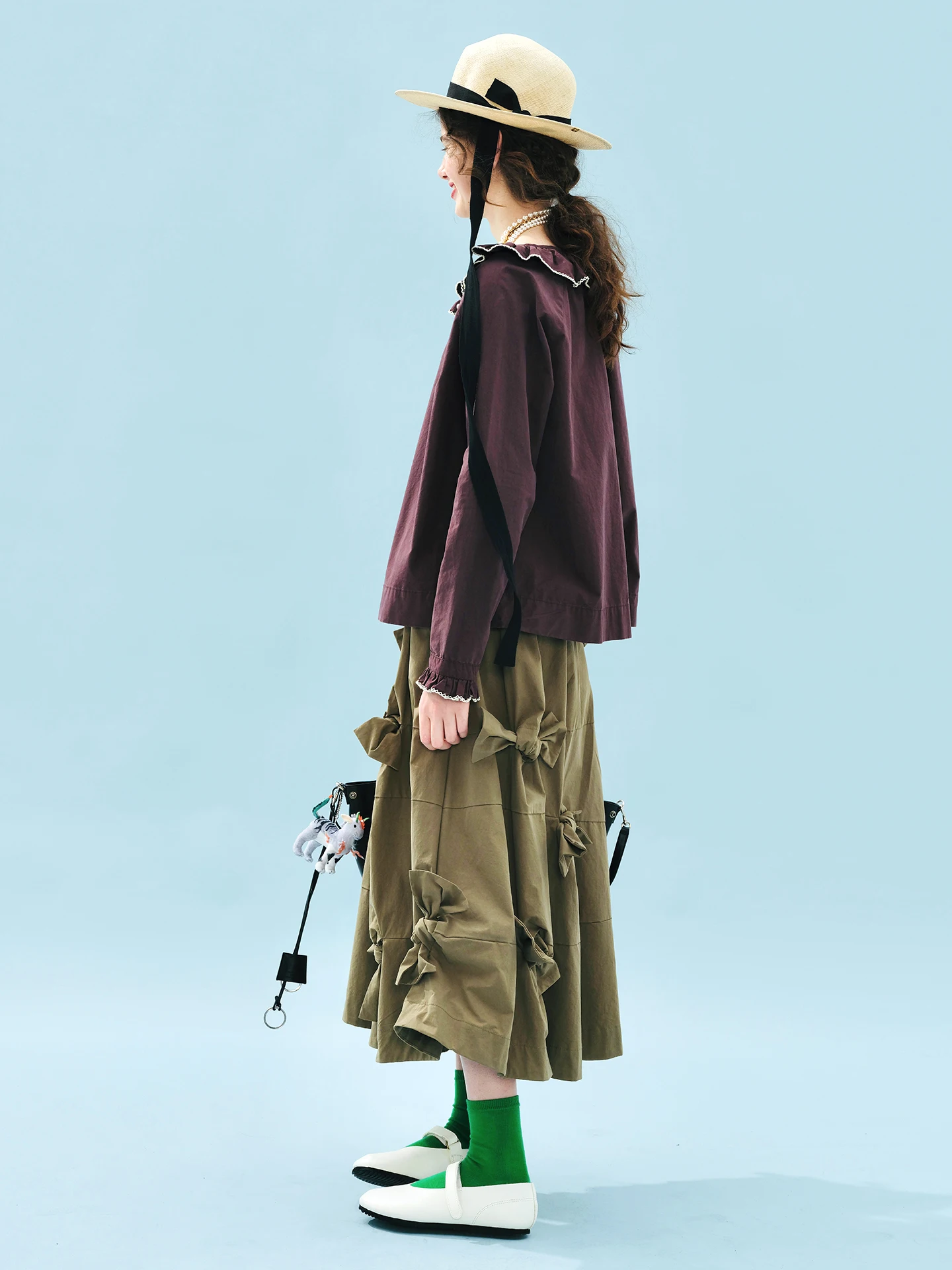 Burgundy Ruffled Pullover Long-sleeve Shirt loose fit  daily dating or casual shopping, showing off a gentle temperament255217