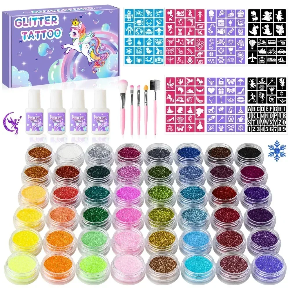 

Kids Temporary Glitter Tattoo Kit, 48 Glitter Colors, 178 Templates, 4 Glue, 5 Brushes, Adult & Kids Art Glitter Kit