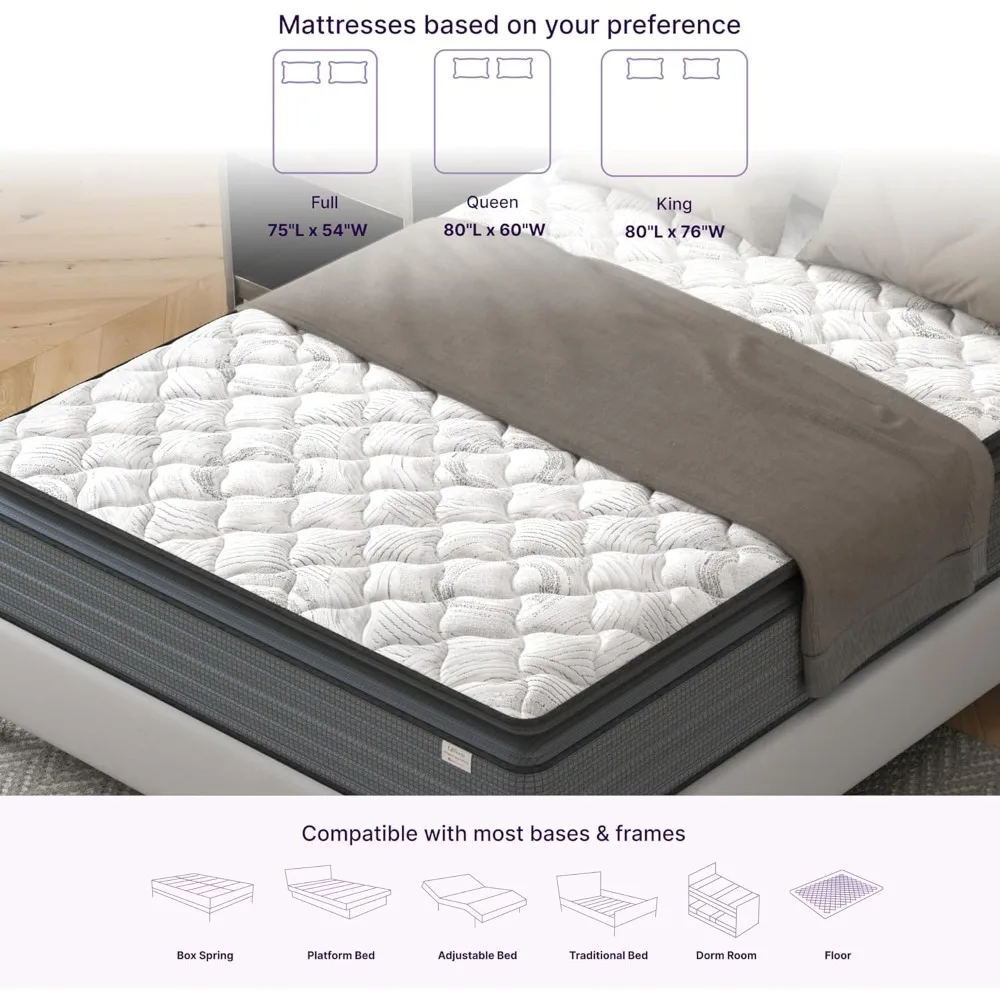 Colchón con almohada híbrida Isabella de 14 pulgadas: soporte medio firme, aislamiento de movimiento, certificado Certificado de EE. UU., fabricado en Estados Unidos