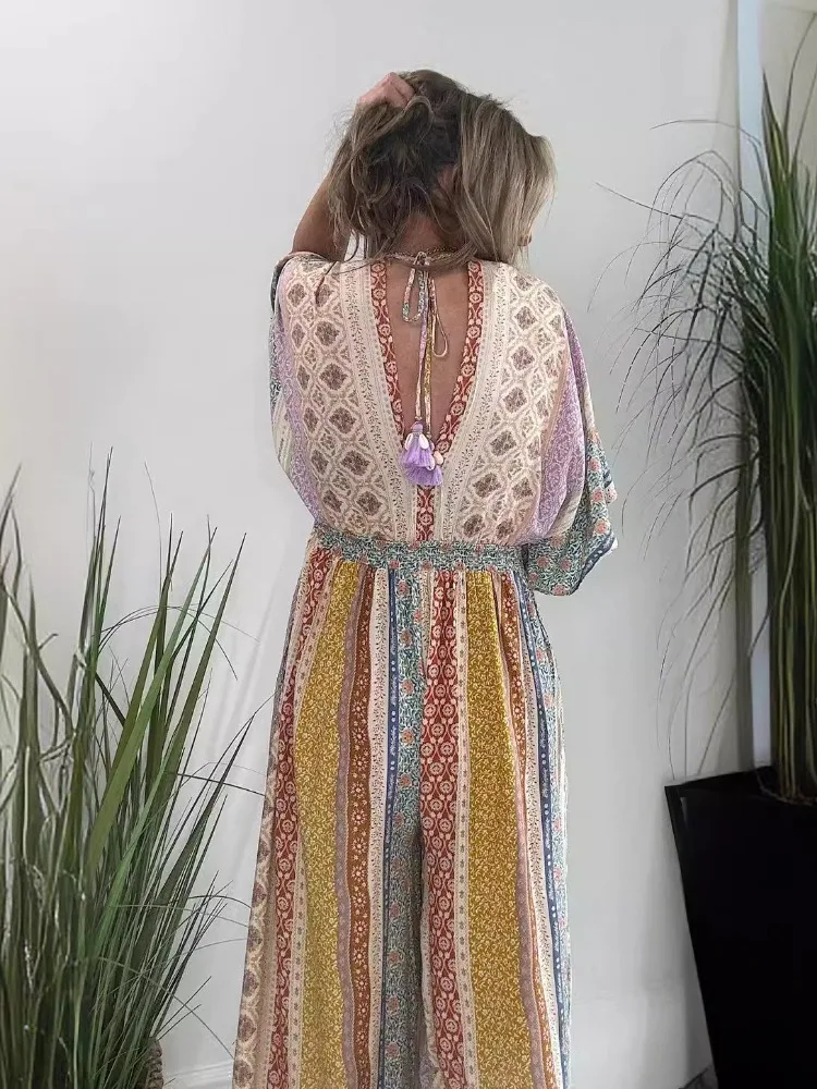 Kombinezon damski Bohemian Print V-Neck Jumpsuit Oddychający letni jesienny kombinezon Romper Spodnie z szerokimi nogawkami Damski luźny zestaw z