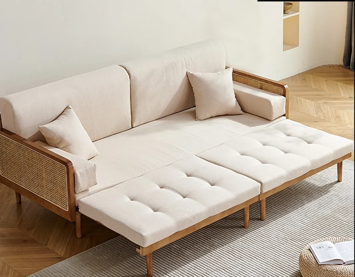 New Chinese rattan sofa household multi-functional telescopic push-pull solid wood concubine sofa bed B & B