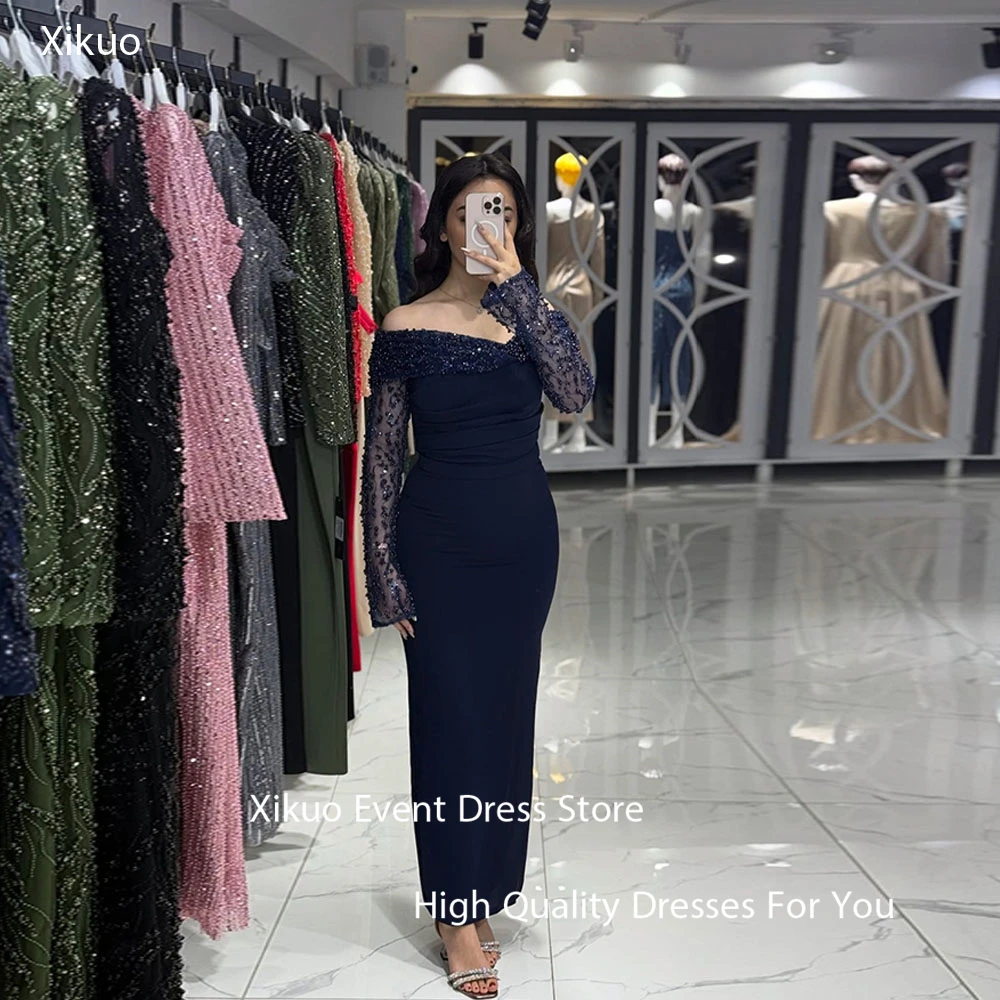 

Xikuo Luxury Navy Blue Satin Evening Gown Mermaid Off Shoulder Robe Cocktail Femmes Saudi Beadings Party Prom Dresses Customized