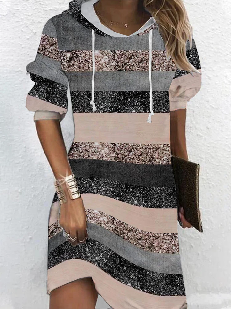 2024 Autumn New Women's Hooded Long Sleeve Dress Striped Colour Blocking Midi Dress Best Choice Autumn