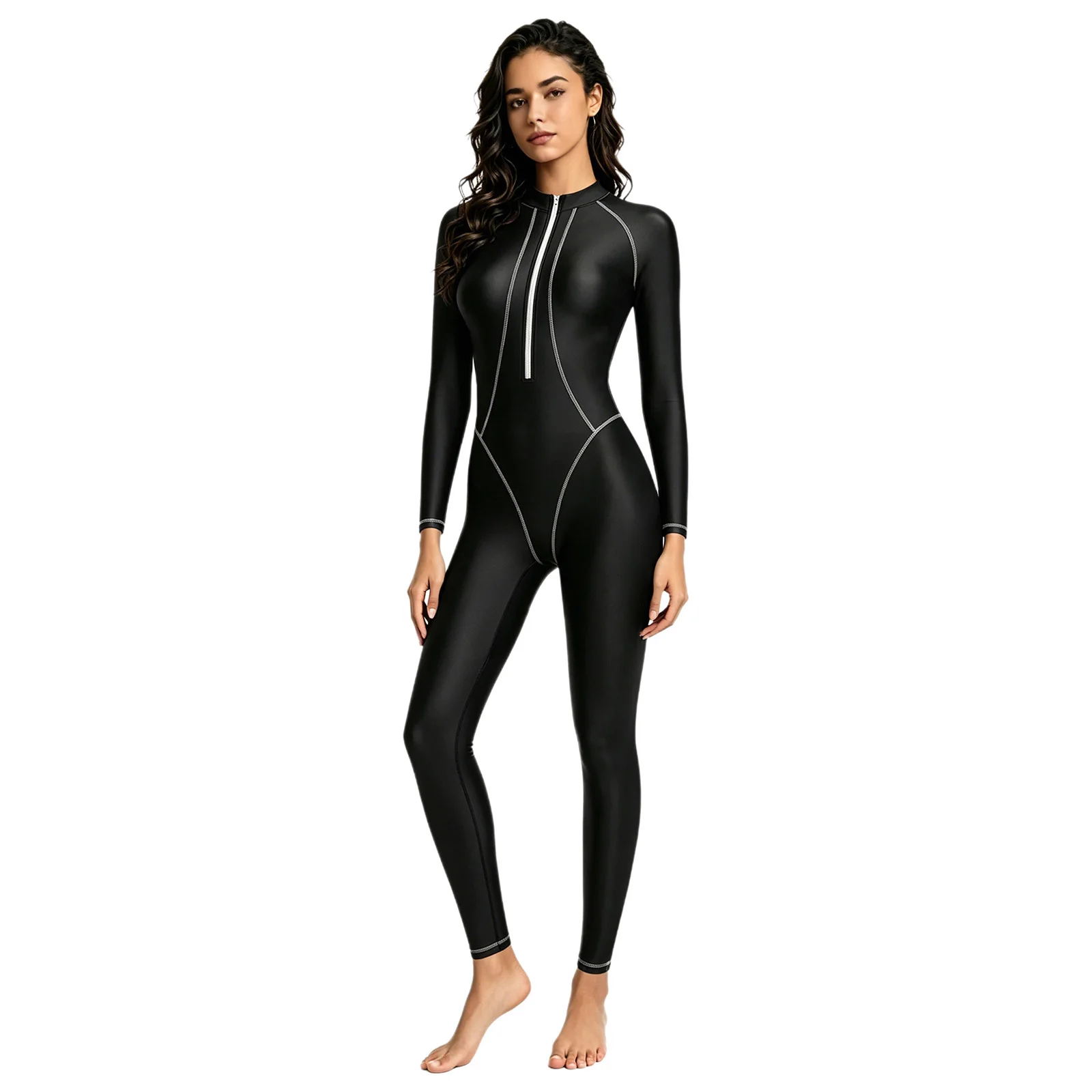 Women Long Sleeves Full-body Glossy Jumpsuit One Piece Swimsuits Rash Guard Bathing Suit Surfing Diving Swimwear