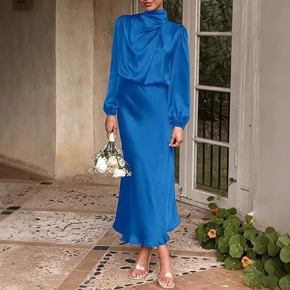 Women's Elegant Satin Long Lantern Sleeve High Waist Pleated Midi Pencil Dress for Wedding Guest Party Prom Wedding Party