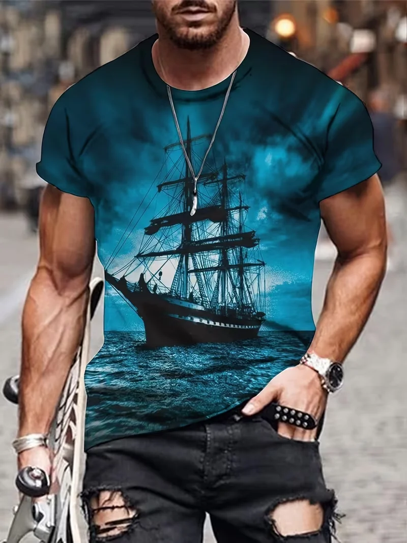 Men Teal Ocean Vintage Sailing Ship Full Print Crew Neck T-Shirt, Sea Wave Landscape Graphic Short Sleeve Tops