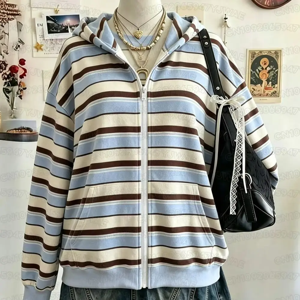 Herbst- und Winterjacke für Damen und Herren, Reißverschluss-Hoodie, Niedlicher Y2K-Streifendruck, Kapuzenpullover, Mantel – Detail 3