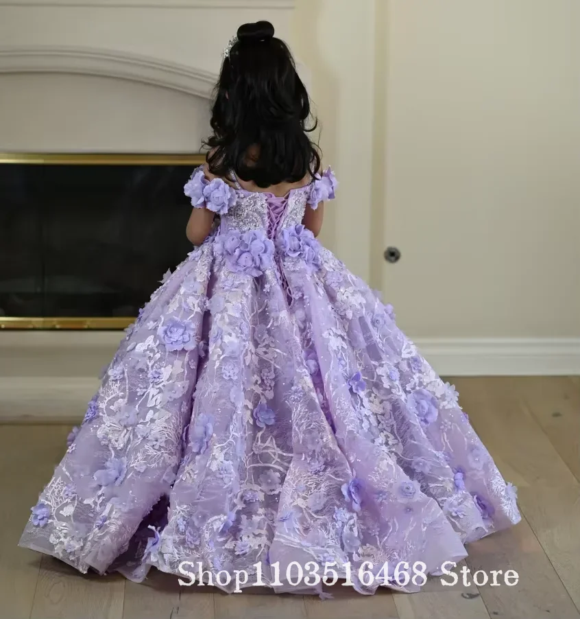 Custom Purple Floral Flower Girl Dress 3D Floral Embroidered Children's Birthday Dress Formal Occasion Dress Birthday Party Atti