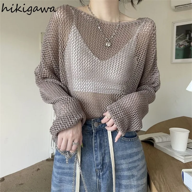 Knitting Thin Pullovers Women Clothing Long Sleeve Slash Neck Jumper Beading Backless See Through Y2k Sweater Tops Sueter Mujer