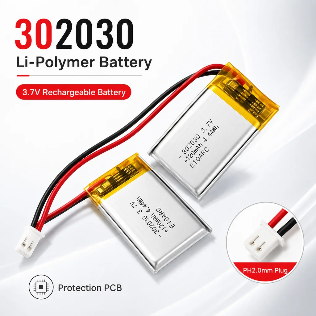Lithium Polymer Battery 302030 3.7V 120mAh JST 2.0mm 2Pin LiPo Cell Replacement for LED Fan DVR Bluetooth Headset