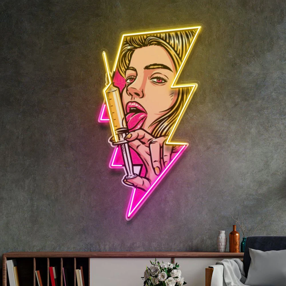 Beautiful Woman Is Holding An Injection LED Neon Sign Light Pop Art Custom Bedroom Wall Decor Neon Bar Club Pub Decoration Signs