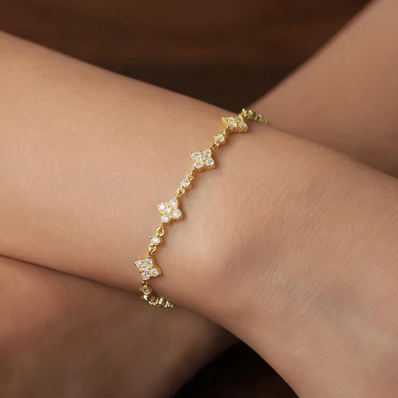 Rrjzz Round D-Color 3mm 2.5mm 2mm Full Moissanite Clover Lucky Bracelet Four Leaf Flower Beaded Bracelet for Women Jewelry Gifts - view 5