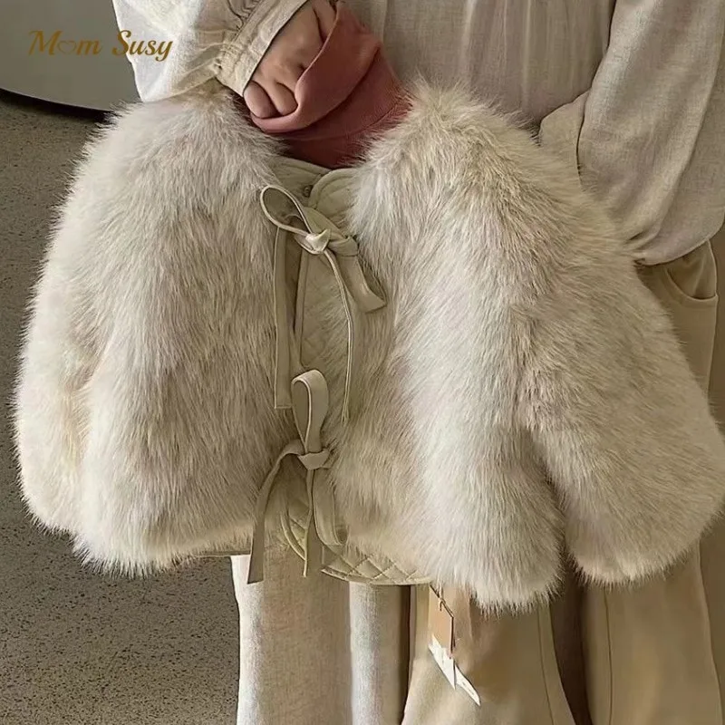 Fashion Baby Girl Faux Fur Jacket Bow Tie Infant Toddler Child Warm Fluffy Coat Winter Spring Autumn Outwear Baby Clothes 1-7Y