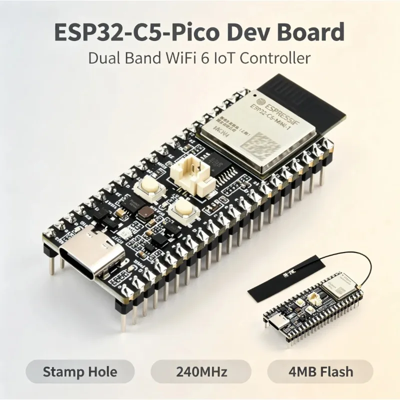 Waveshare ESP32-C5-Pico Dev Board, 2.4G&5G Dual Band WiFi 6, 240MHz MCU, 4MB Flash, 384KB SRAM, Supports WiFi 6 / Bluetooth 5