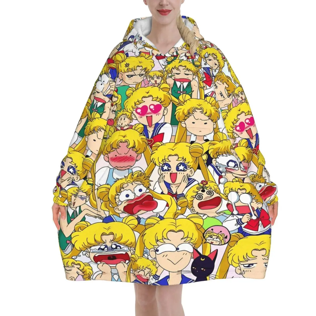 

Sailors Moons Luna Girls, носимое одеяло в стиле аниме, толстовка с капюшоном для женщин и мужчин, толстовка большого размера, одеяло с карманом