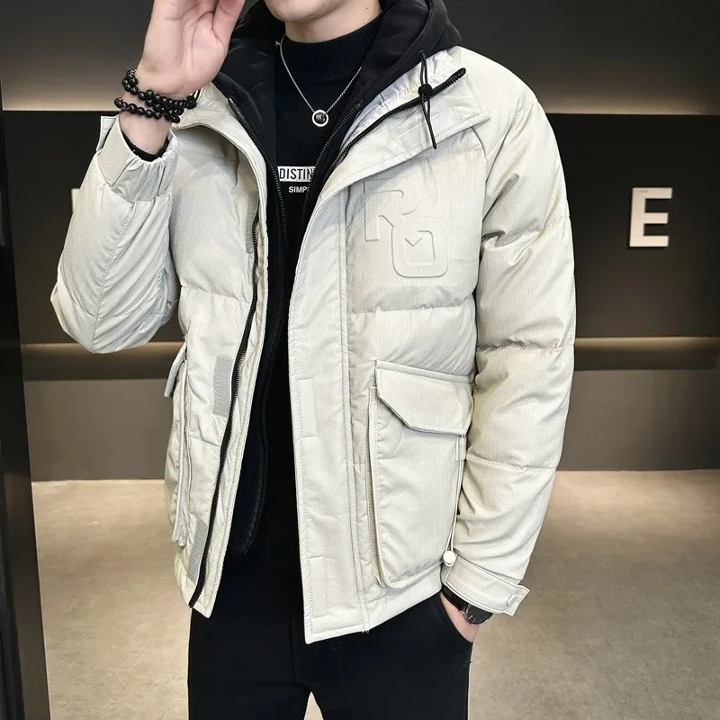 Luxury PU Leather Down Jacket Men Winter Warm White Duck Down Coat Windproof Jacket Hooded Short Tops Long Sleeve Jackets Trends