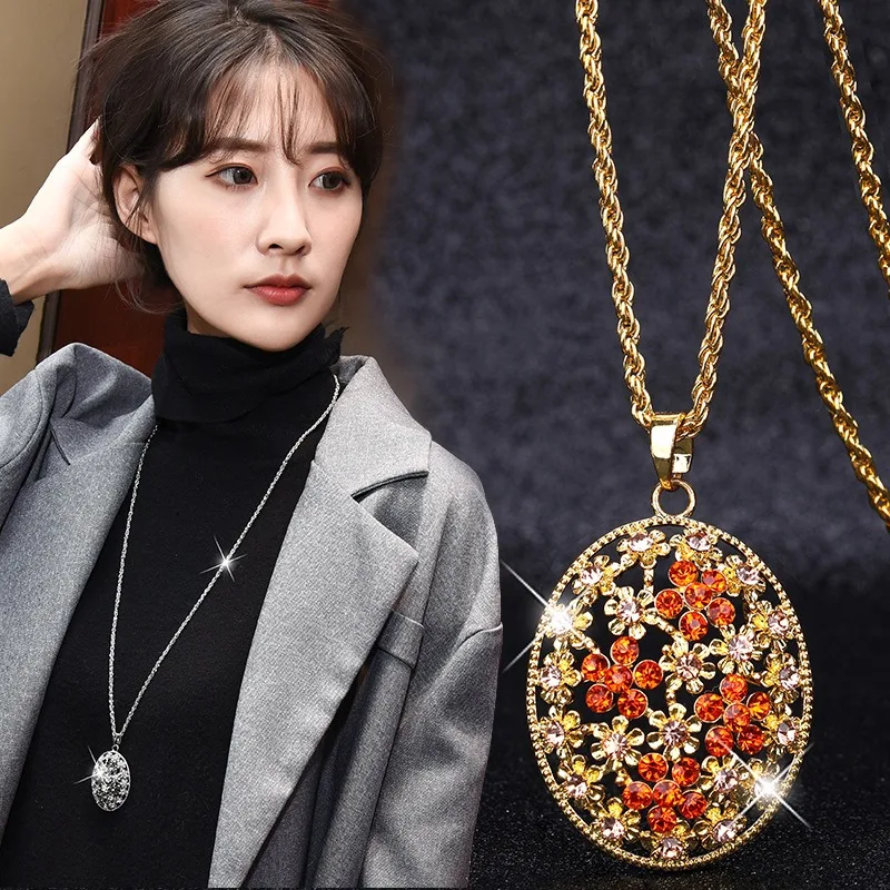 新しい多機能セーターチェーンネックレス、女性に適したロングでファッショナブルなクリスタルペンダント