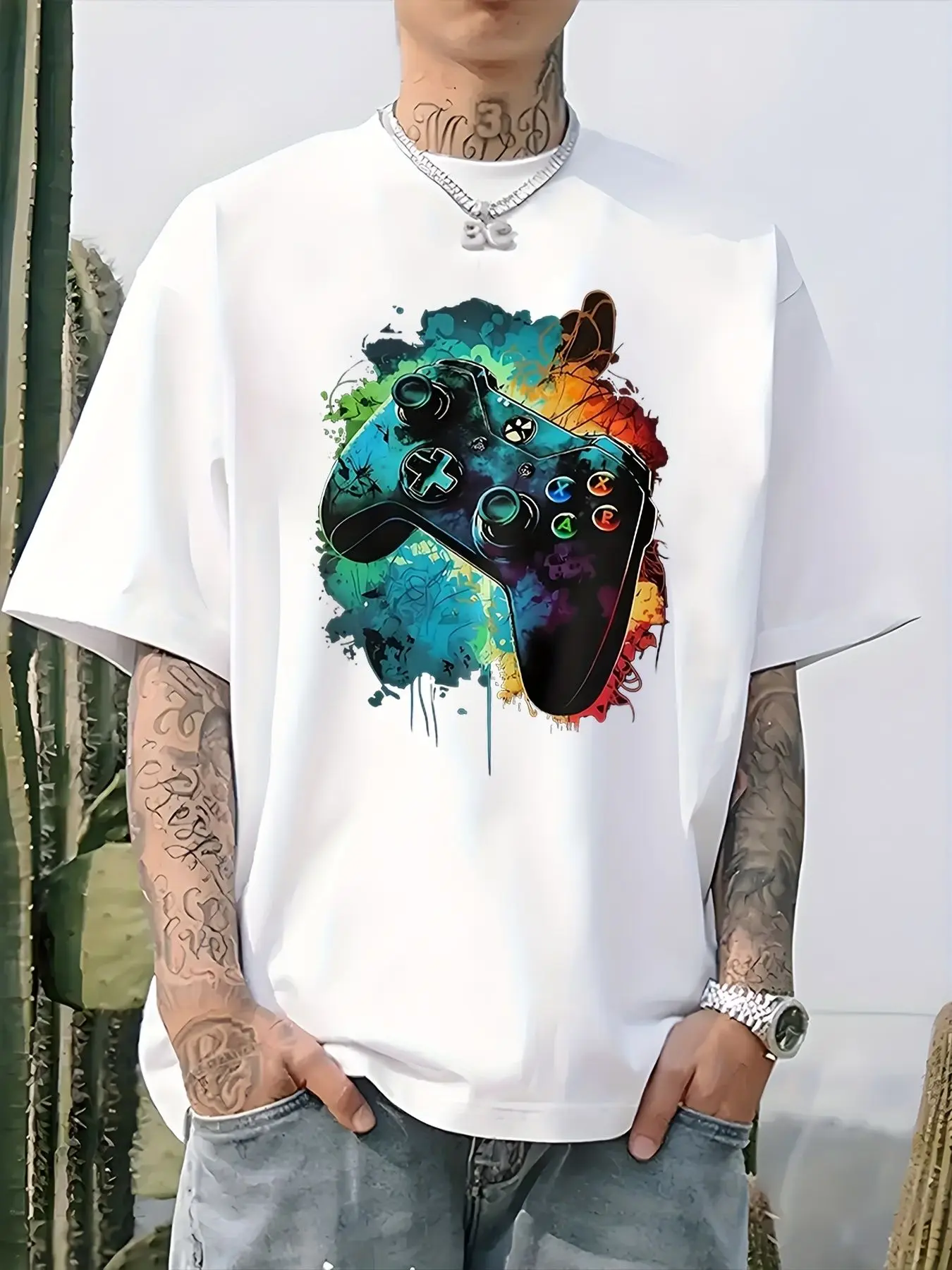 Heren T-shirt met gamecontrollerpatroon - 100% katoen, normale pasvorm, korte mouw, ademend en comfortabel voor alle seizoenen