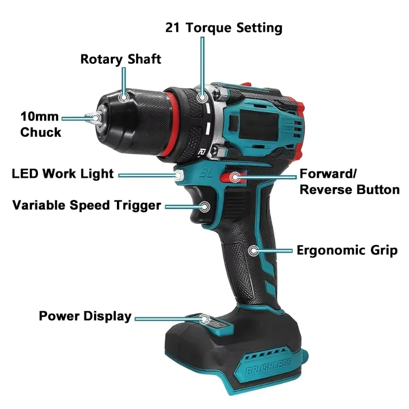 10mm Cordless Brushless Electric Drill 2-Speed Metal Chuck Screwdriver Home DIY Tool For Makita 18V Battery(No Battery)