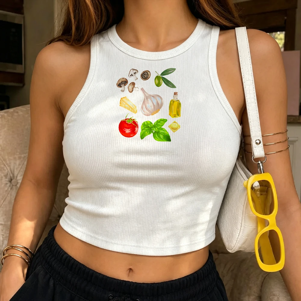 Hot Girl Mediterranean Food Ingredient Print Ribbed Crop Tank Women Mushroom Olive Oil Design Teen Girls Cooking Daily Tank Top