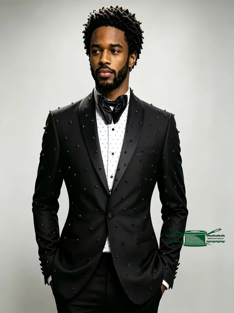 Luxury Black Men's Wedding Suits Crystals Shawl Lapel Groom Wear Tuxedos Evening Prom Custom Made 2 Pieces Coat Pants Sets