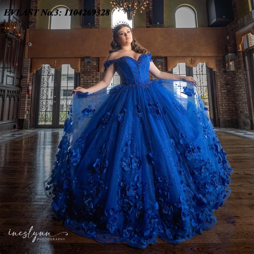 

EVLAST Customized 2025 Royal Blue Floral Quinceanera Dress Ball Gown Applique Beading Corset Sweet 16 Vestido De 15 Anos E3Q288