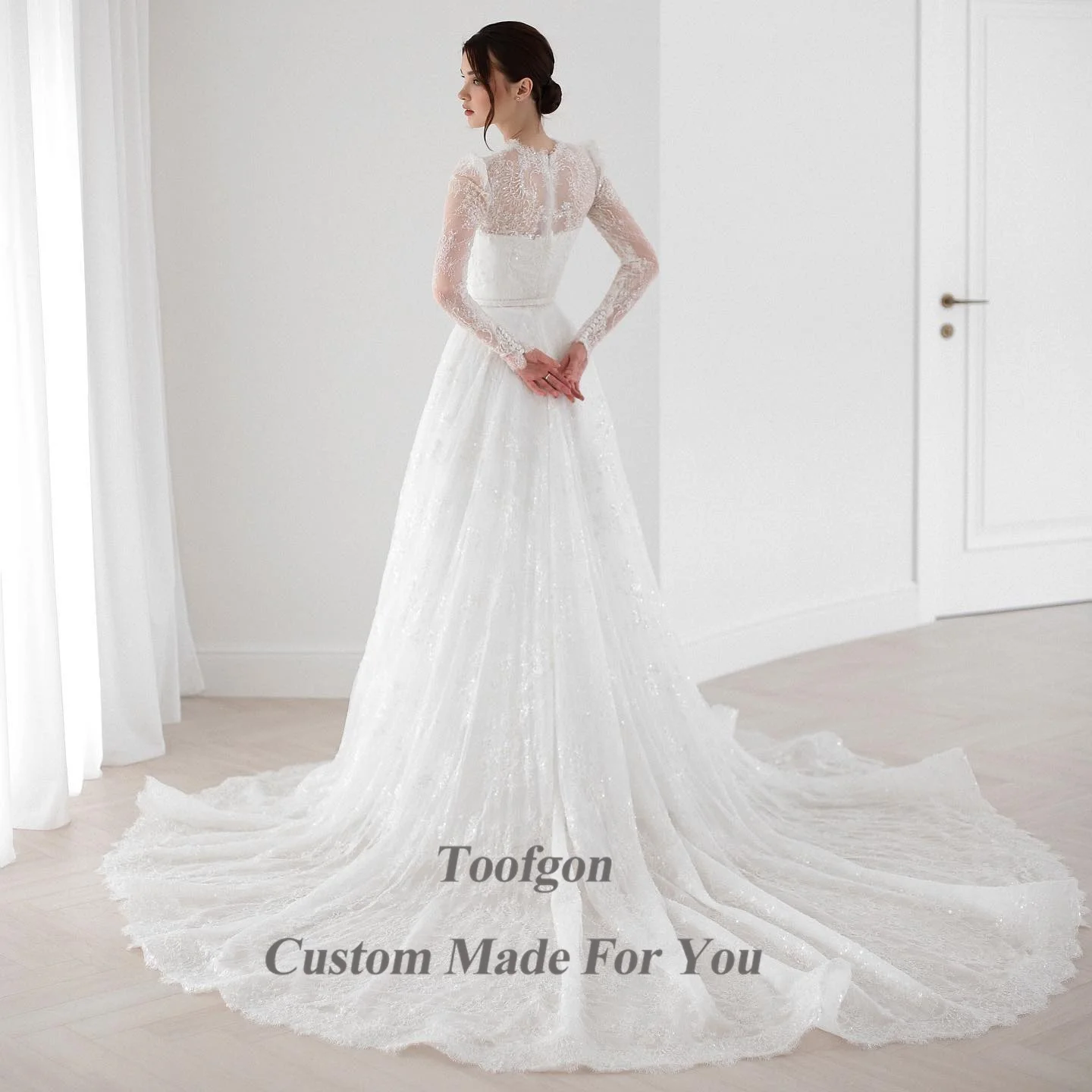 Toofan Elfenbein Zarte Spitze Brautkleider O-Ausschnitt A-Linie Lange Ärmel Brautkleider Formelle Party Prinzessin Brautkleid Maßgeschneidert