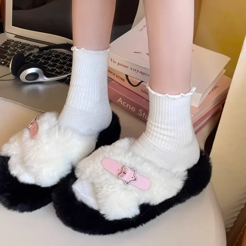Autumn and Winter Cotton Slippers For Women Cartoon Korean Fashionable Outdoor Light Plush Soft  Flat Plush Slippers