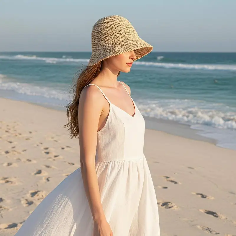 Einzigartiger gewebter Damen-Sonnenhut, einfarbig, atmungsaktiver Stroh-Fischerhut, faltbarer Visierhut, Bucket Hat für den Urlaub – Detail 3