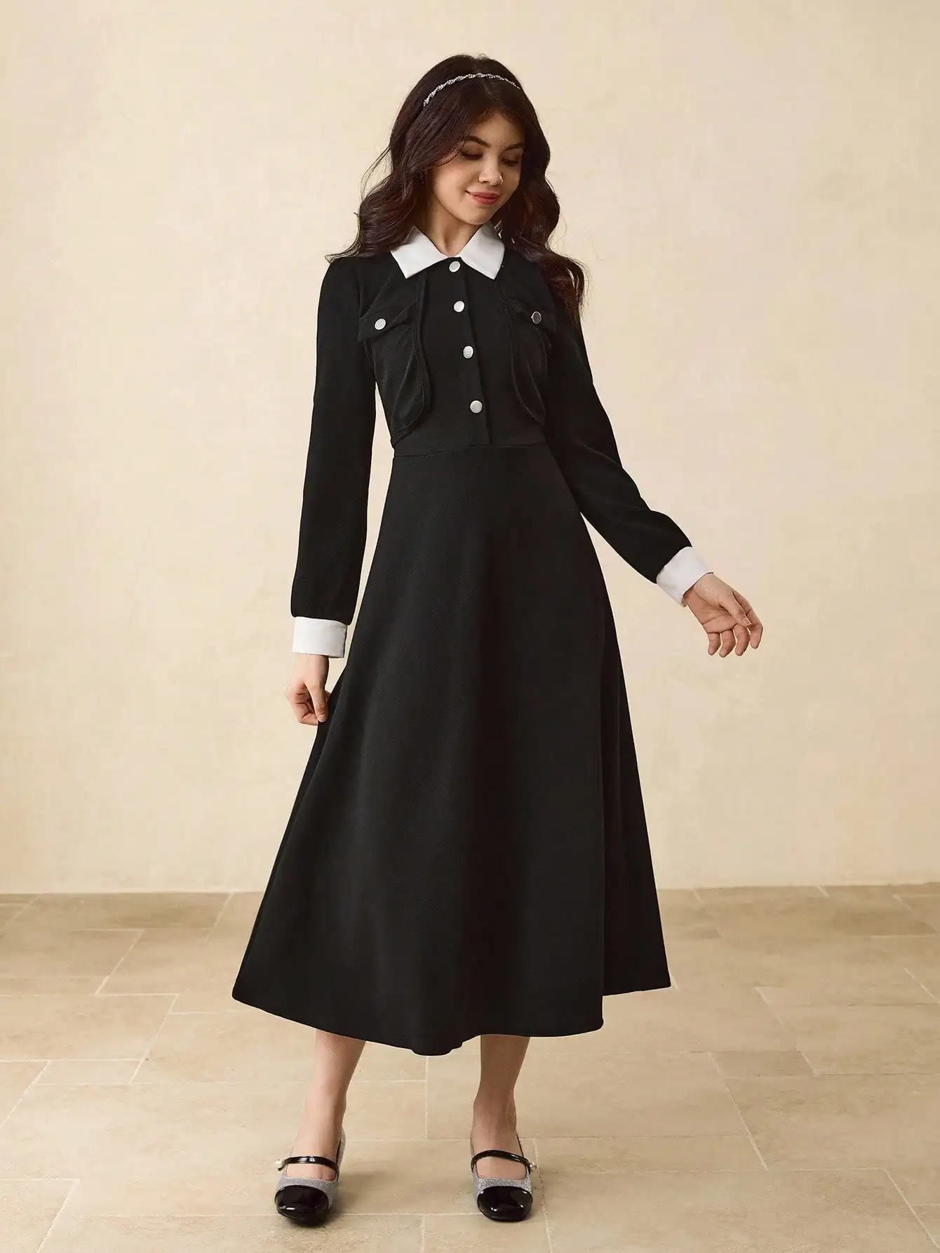 Black White Collared Long Sleeve High Waist A-Line Maxi Dress