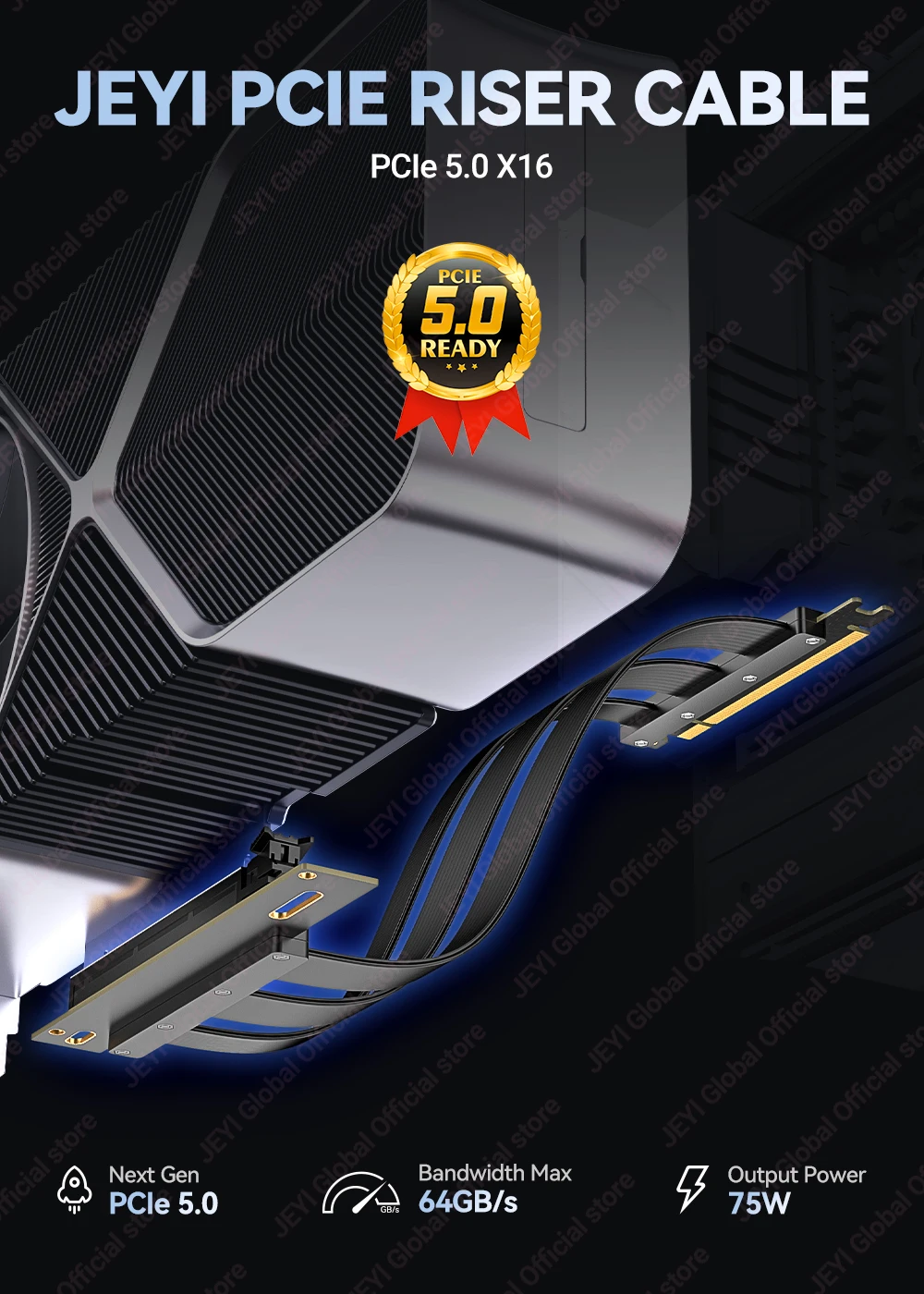 JEYI PCIe 5.0 X16 Riser-Kabel 128 Gbit/s GPU-Verlängerungskabel Goldfinger-Immersion Unterstützt PCIE 4.0/3.0 für RTX4090/5090 RX7900 XTX – Detail 2