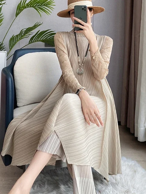 

ALSEY Miyake Women Pleated Two Piece Set Autumn New Loose Casual Suit Lace Fashion Long Dress + Top Pencil Pant Female Clothes