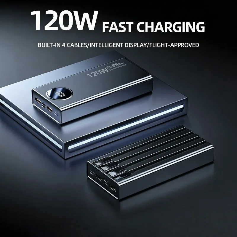 120W 20000mAh Power Bank with Built-in Cable for IPhone Huawei and Xiaomi Mobile Phones High - Capacity Powerbank