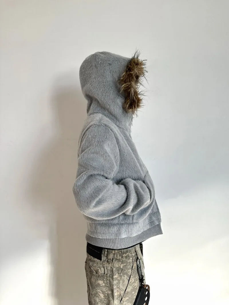 2025 Autumn Winter New American Retro Fur Collar Hooded Sweatshirt Short Casual Zipper Fashion Trendy Jacket Unisex