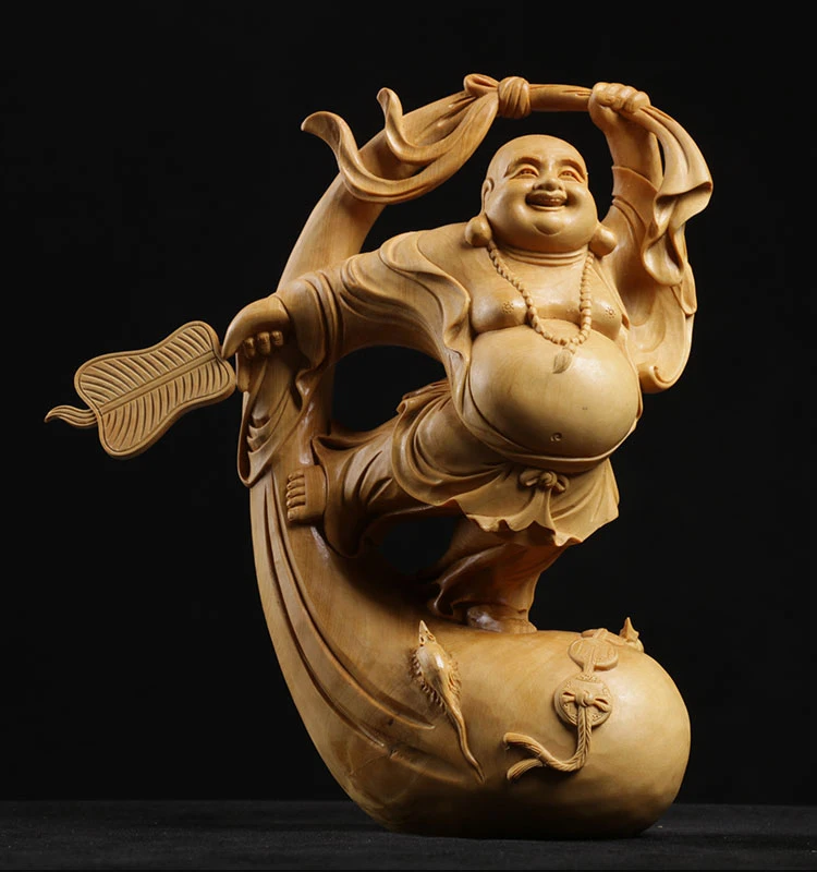 Boxwood 11cm 17cm Maitreya Sculpture Wood Carving Laughing Buddha Statue Home Decor