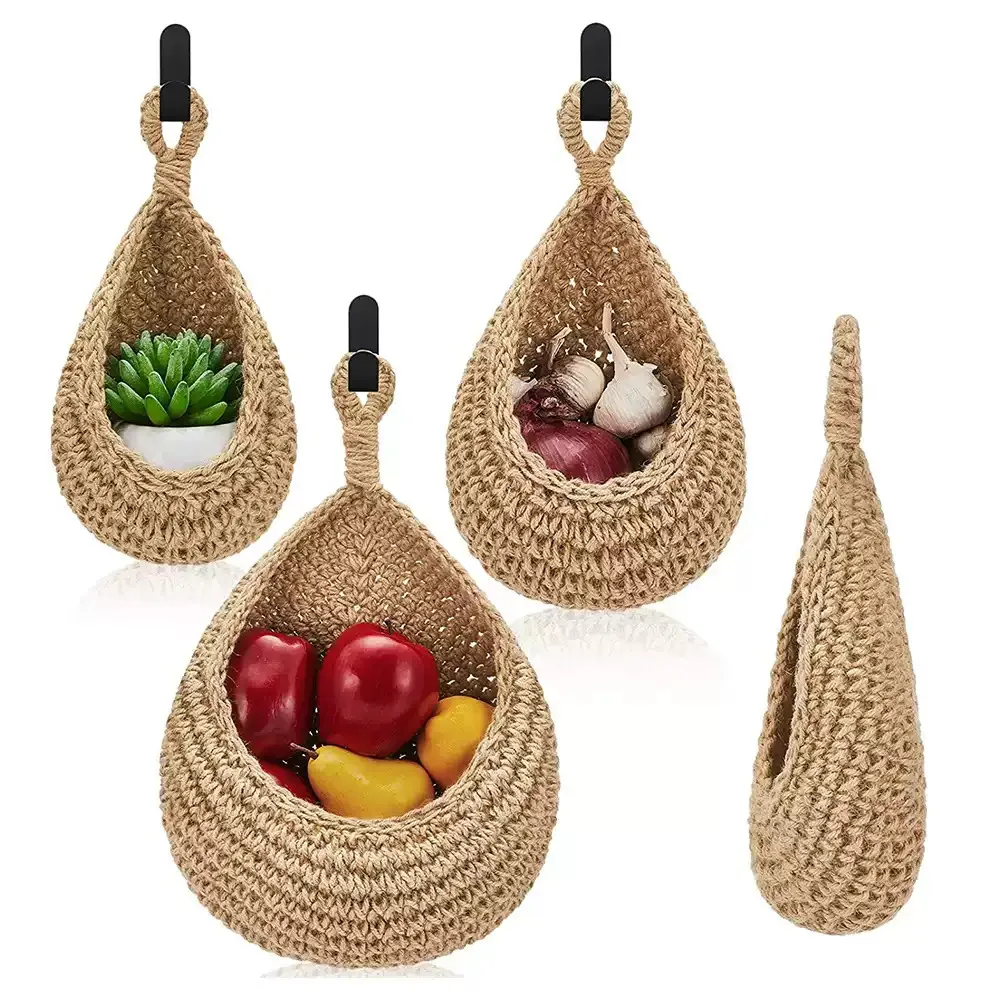 Handwoven Hanging Wall Vegetable Fruit Basket Organizer Container Decor for Kitchen Garden Mount Wall Plant Flower Onion Storage
