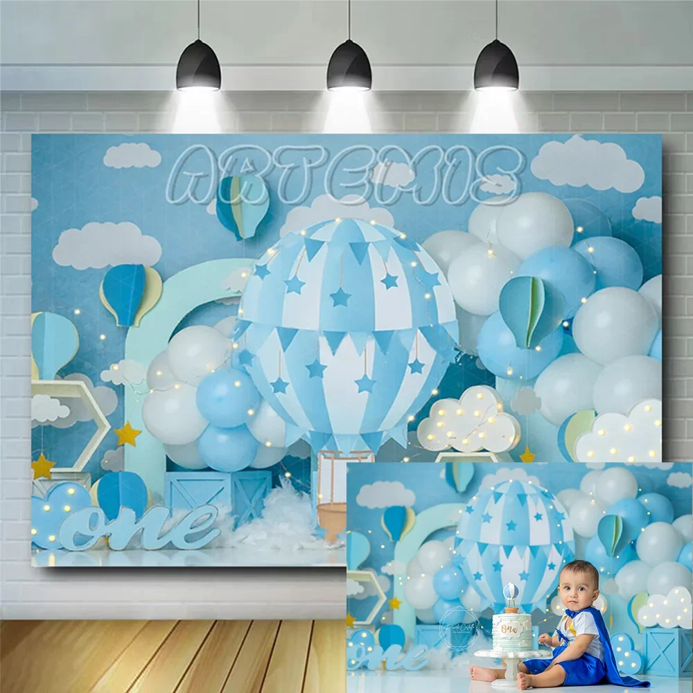 

Baby Shower Background Birthday Decoration Blue Hot Air Balloon Clouds Sky Light Strip Cake Smash Portrait Backdrop Photography