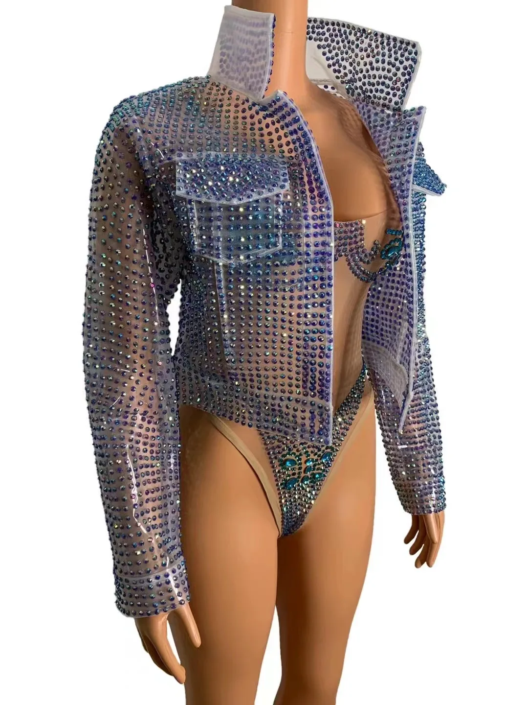 Blue Elf Hollow Neck Mesh Fabric Diamond Embellishment Slim Fit High Elastic Zipper Short Jumpsuit Performance Clothing